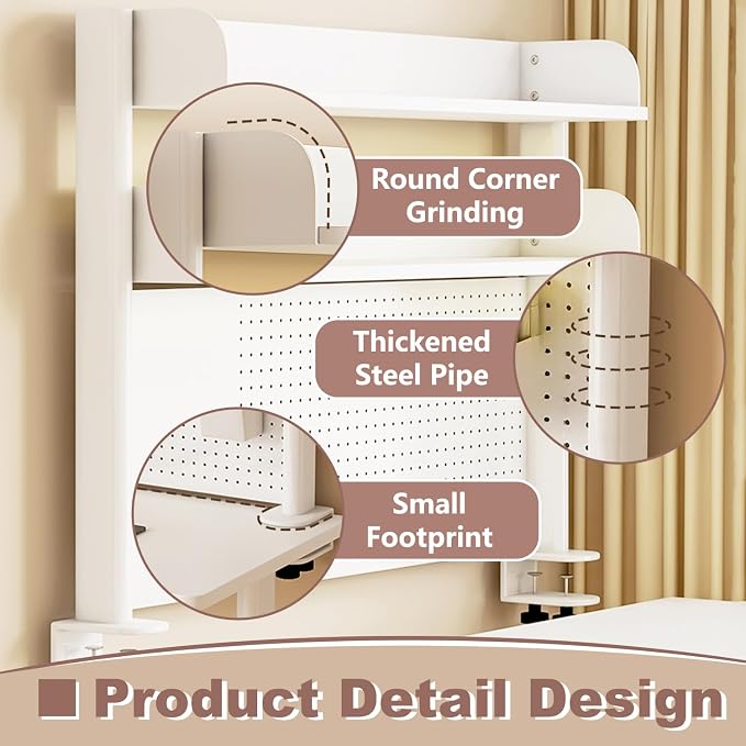 Clamp On Desk Organizer Shelf,Desk Extender Pegboard,White,31.5in | Computer Desk Accessories for Office,Desktop Bookshelf Storage Shelves for Desk, Desktop Shelving System