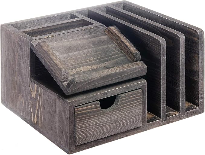 Liry Products Gray Rustic Wood Desk Organizer Storage Cabinet Mail File Paper Sticky Note Memo Pad Folder Office Supplies Caddy Tabletop Holder Accessory Sorter Multiple Compartments with Drawer Home