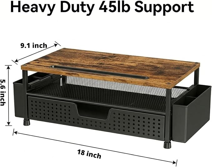 Desk Organizer and Accessories, 2-Tier Computer Monitor Stand Rise with Phone Holder, Drawer & 2 Pen Holders, Laptop & Printer Stand for Desktop, Workspace Organizers for Office Supplies (Brown Wood)