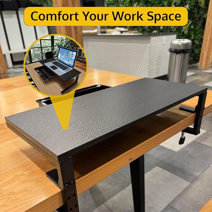 Ergonomic Clamp-On Laptop and Computer Monitor Riser Stand with Drawer, 21.6 x 9.8 inch - Black |Laptop Stand for Desk, Monitor Riser, Desk Organizer, Office Desk Home Workspace
