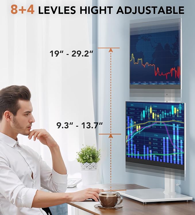 Dual Monitor Stand - Vertical Stack Screen Free-Standing Monitor Riser Fits Two 13 to 34 Inch Screen with Swivel, Tilt, Height Adjustable, Holds One (1) Screen up to 44Lbs HT05W-002 White