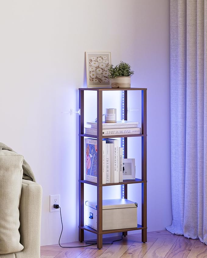 Open Book Shelf with LED Lights, 4 Tier Small Bookshelf, Freestanding Shelf Narrow Bookcase with Open Shelves, 14.96" x 10.63" x 41.26", Book Shelves for Living Room, Office, Study, Walnut