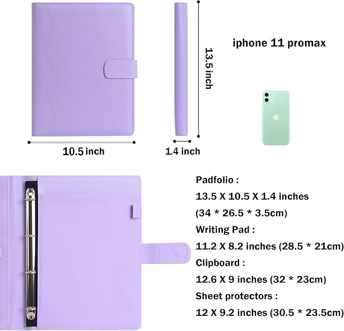 Wonderpool A4 PU Leather 3 & 4 Ring Holder Writing Portfolio Multi Document Case with Removable Binder Clipboard and Functional Pocket for Organizer Office Travel School (Purple)