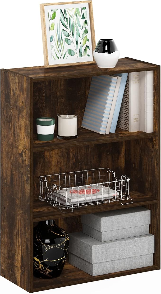 Furinno PASIR Book Shelf, 3-Tier Bookshelf, Storage Shelves Bookcase, 9.7 x 23.7 x 31.5, for Living Room, Bedroom, Home Office, Amber Pine