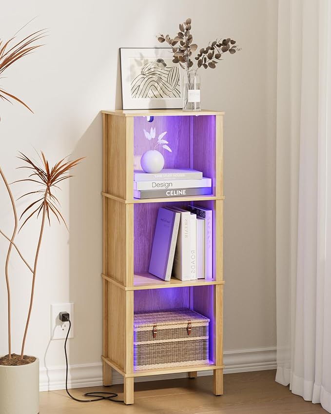 Bookshelf with LED Lights, Modern 3-Tier Bookcase, Open Storage Book Shelf, 11 × 14.2 × 38.9 Inches, Small Narrow Bookshelves for Living Room, Home Office, Bedroom, Natural