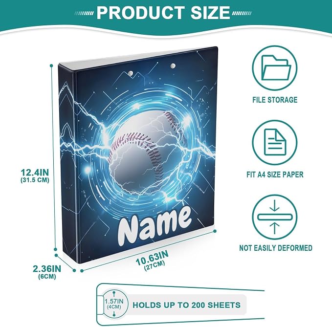 Custom 3 Ring Binder Baseball Lightning 1.5" Round Ring Binders Personalized Name View Binder with 200 Sheet for Kids School Supplies Women Men Office, 1 Pack