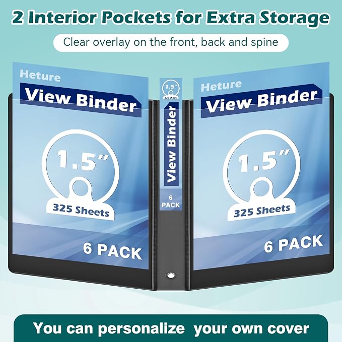 Heture 3 Ring Binder 1.5 Inch 6 Pack, 1-1/2" Clear View with Round Rings, PVC-Free,Holds for 325 Sheets 8.5X 11 US Letter Size Paper, Durable Black Perfect for Office,School and Home