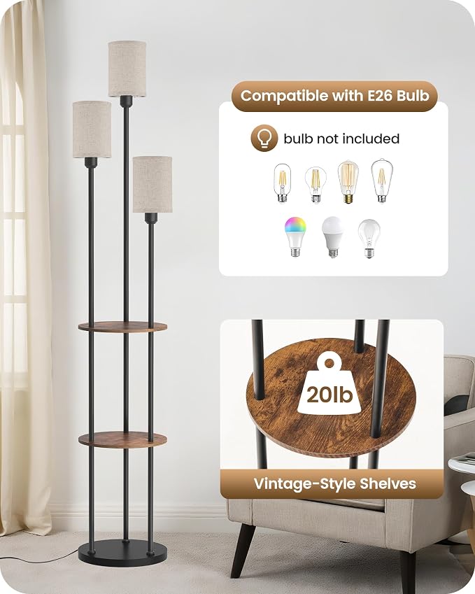 70.9" Floor Lamp with Shelves, Modern Floor Lamp with 3 Linen Shades and Foot Switch, 3-Light Standing Lamp, for Living Room, Bedroom, Study, Office, Rustic Brown and Beige EF53LD05