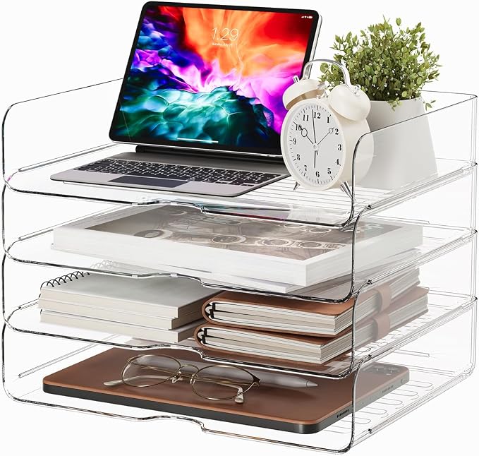 DCA 4 Tier Large Capacity Desk Organizer, Clear Stackable Paper Tray | High-Volume File Storage | Office, Home & School Use | Easy Assemble | Letter & A4 Compatible