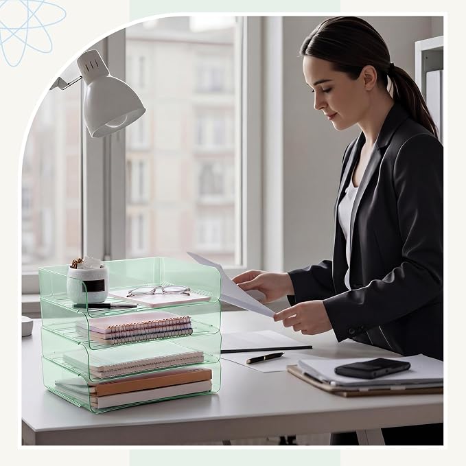 Harloon 4 Tier Clear Sage Green Acrylic Paper Organizer Letter Tray, Aesthetic Stackable Desk File Organizer Paper Holder Office Tray for A4, Modern Office Classroom Home File Pad Books Notes