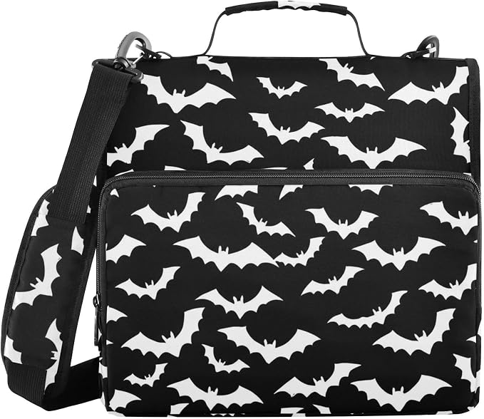 White Bat Black Print 3 Ring Binder Bag 1.5 inch Binder Organizer with Zipper Shoulder Strap 500 Sheet Documents Storage for School Office