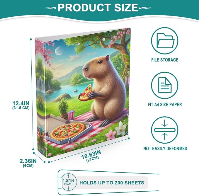 Capybara Pizza 3 Ring Binder Letter Size Three Ring Binder Organizer 1.5 Inch Binders 3 Ring with Clipboard & 3 Pockets for Recipes Paper Work Office Supplies 1 Pack