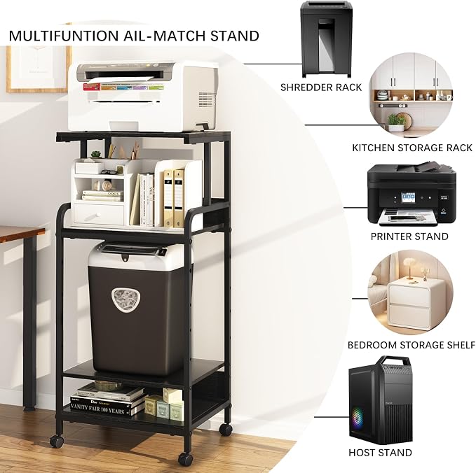 Arbuxzuy 4 Tier Stand with Storage Shelf, Tall Mobile Printer Table for Home Office, Adjustable Stands for Heat Press Scanner Fax (Black)