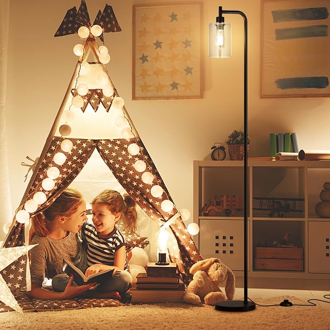 Ziisee Floor Lamps for Living Room - Standing Lamp with Grey Glass Shade, Modern Floor Lamp with LED Bulbs, Industrial Floor Lamp for Bedroom, Black Tall Lamp for Office(Light Bulb Included)