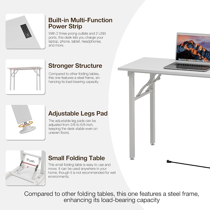 TEMI Long Computer Desk Folding Table - No Assembly, Compact 55.1" Foldable Desk with Power Outlets & USB Charging Port, Portable Lagre Office Desk, Ideal Large Study Table for Narrow Spaces,White Ash