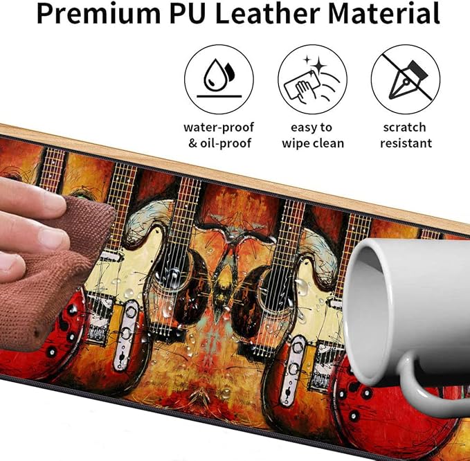 Extended Gaming Mouse Pad Desk Pad Keyboard Pad, Mouse Wrist Rest and Coaster, Anti-Slip Rubber Base Mouse Pad, Suitable for Gaming and Office, Guitar