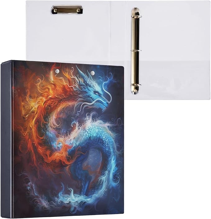 Dragon in Sky Round Ring Binders 1.5 Inch Fire Thunder Lightning 3 Ring Clipboard Binder for Office School Work Supplies File Folder Document 200 Sheet Capacity Easy Open