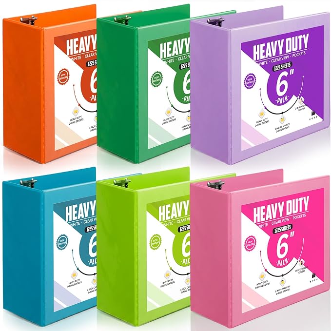 Sinload 6 Pcs 3 Ring Binder, Large Capacity D Ring Binders with Pockets, 8.5" x 11" Presentation Folder View Binder with Customizable Clear Cover for Documents Files Projects (Multicolored,6 Inch)