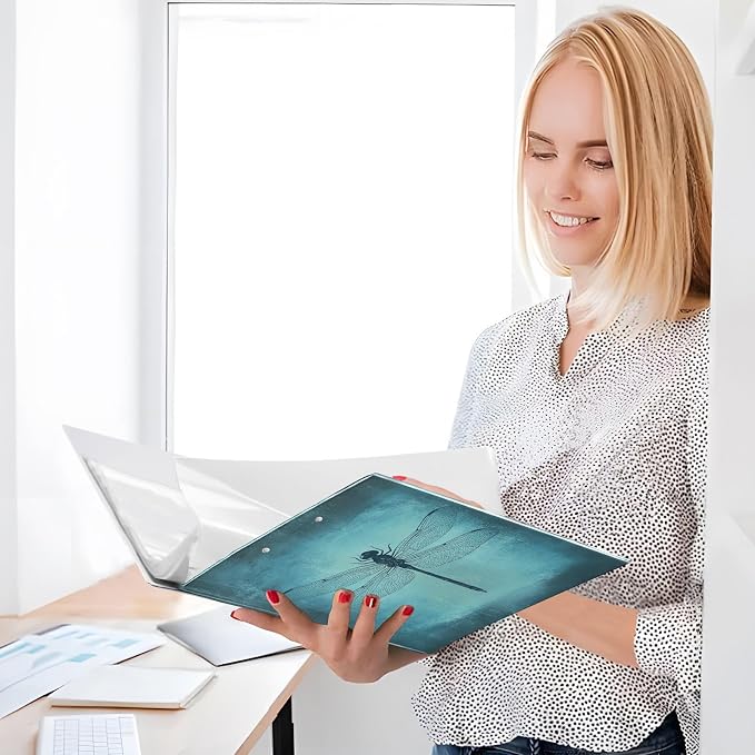 Retro Teal Blue Dragonfly Binder 1.5 Inch Binder with Clipboard&Pockets, Vintage Dragonfly Hardcover Binders 3 Ring, Heavy Duty Large File Folder for Office School Supplies - Holds 200 Sheets