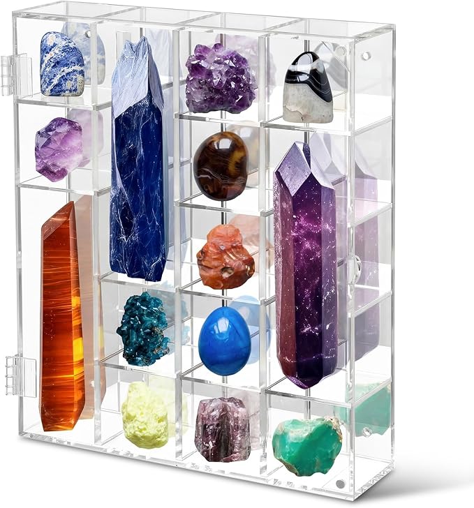 Cinnvoice Rock Display Case 20 Grids,Transparent Border, Square | Adjustable Acrylic Display Case, Crystal Organizer for Collectible, with Built-in Mirrored, Magnetic Door, Wall Mount