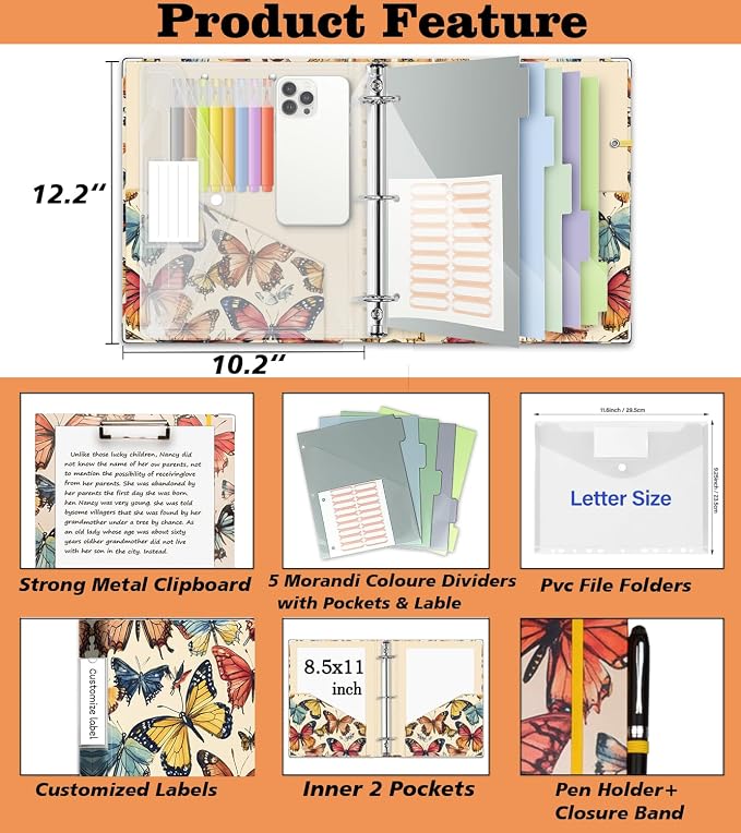 3 Ring 1 Inch Binder Organizer, KLLVE Three Ring Binders with Clipboard, 5-Tabs Pockets Dividers, Plastic Folder, 18 Divider Stikers,Pen Loop (Butterfly, Letter Size)