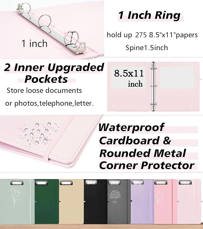 3 Ring Binder, 1 Inch Leather Binders with Clipboards, 5-Tabs Pockets Dividers, 18 Divider Stikers, Plastic Folder, Pen Holder, Three Ring Binder with Pen Holder(Pink, Letter Size)