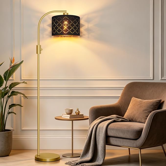 Nintiue Dimmable Floor Lamp, 1200 Lumens LED Edison Bulb Included, Arc Gold Floor Lamps for Living Room Modern Standing Lamp with Black Grid Shade