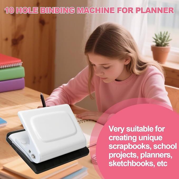 10 Hole Punch Binding Machine for Planner, Manual Binding System with 10 Multi-Color Binder Rings for Making 26 Holes on B5, 30 Holes on A4, 20 Holes on A5 Book, 10 Sheet Capacity - White