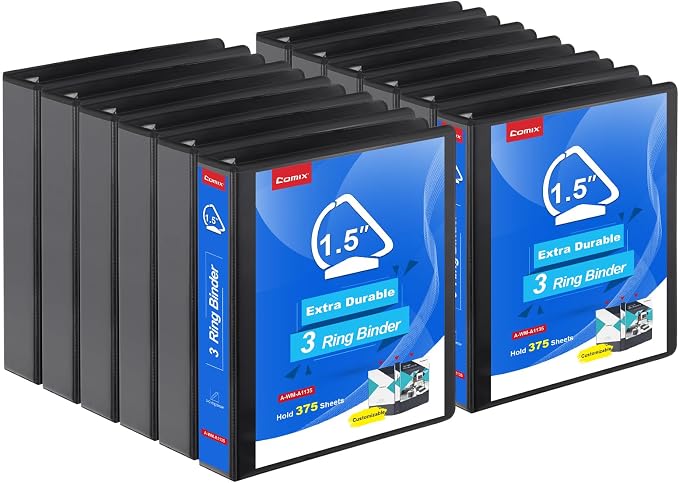 COMIX Heavy Duty 1 1/2 inch Slant-D Ring View Binder, 1.5 inch 3 Ring Binders, Hold 350 Sheets of 8.5" x 11" Paper, 12 Pack (Black)