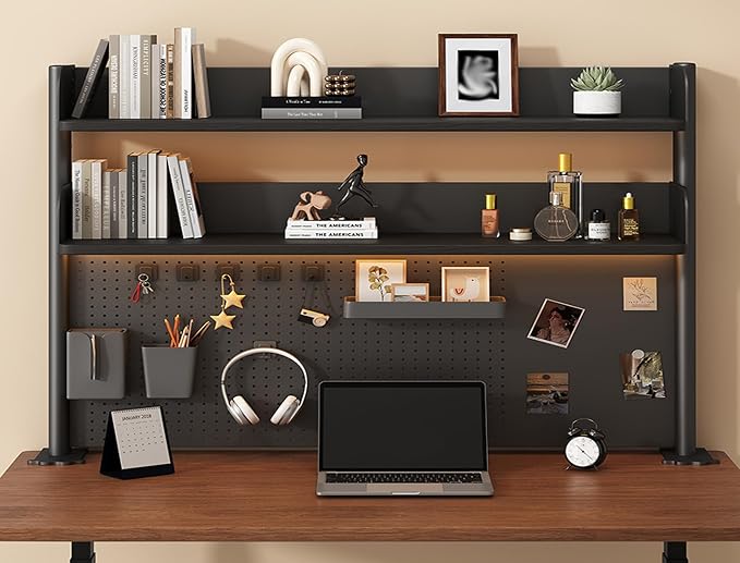 31.5 Inch Clip-on Desktop Organizer Bookshelf with Pegboard, Desk Shelf Organizer, Multipurpose Computer Desk Desktop Bookshelf, Desk Extender Pegboard Clamp, Desktop Display (Black)