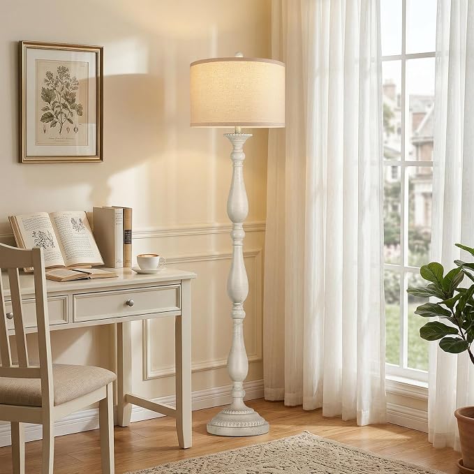 Vintage Floor Lamp for Living Room, Rustic Farmhouse Standing Lamp with Rotary Switch and Linen Shade, Retro Resin Floor Lamp for Bedroom, Corner, Dining Room, House Decor, White