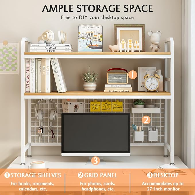 IOTXY 2-Tier Desktop Hutch Bookshelf, Metal Desk Shelf, White, 45.3" W | Steel Frame, 2 MDF Shelves, Grid Panel with 5 Hooks, Fits Over Monitors Up to 27" for Dorm Desks and Home Offices