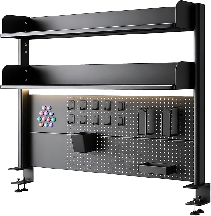 Clamp On Desk Pegboard Shelf - Metal Desktop Organizer Hutch with 2 Shelves | Storage and Display, Desk Add-On Shelf for Office, Dorm Room, Bedroom, Black, 23.6In