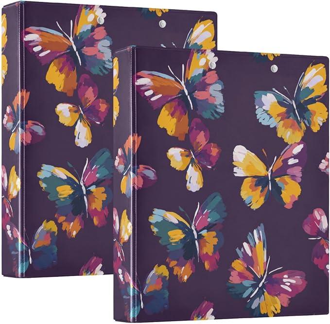 Colorful Purple Butterfly Binder 3 Ring 1.5 Inch Binder with Clipboard&Pockets, Hardcover Binders Heavy Duty Large File Folder for Office School Supplies - Holds 200 Sheets,2 PC