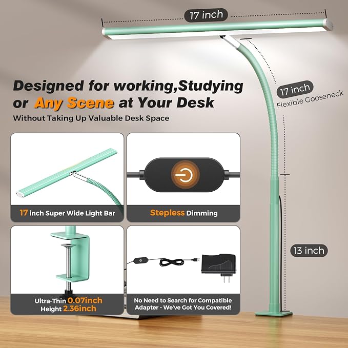 Airlonv LED Desk Lamp with Clamp, 17" Stepless Dimming Light, Mint Green | 2700K-6500K, 100 LEDs, 360° Gooseneck, Fits Up to 30" Monitors, Flicker-Free Lighting for Home Office, Study& Workbench
