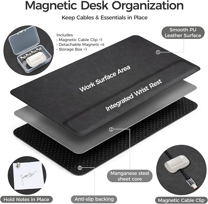 Magnetic Desk Mat System with Wrist Support 80×40cm, Premium Leather Desk Pad with Magnetic Accessories, Waterproof Non-Slip Desk Organizer for Office & Gaming