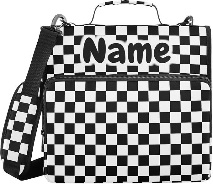 Custom Black White Checkered Pattern 3 Ring Binder Bag 1.5 inch Personalized Name Binder Organizer 500 Sheet Documents Storage for School Office