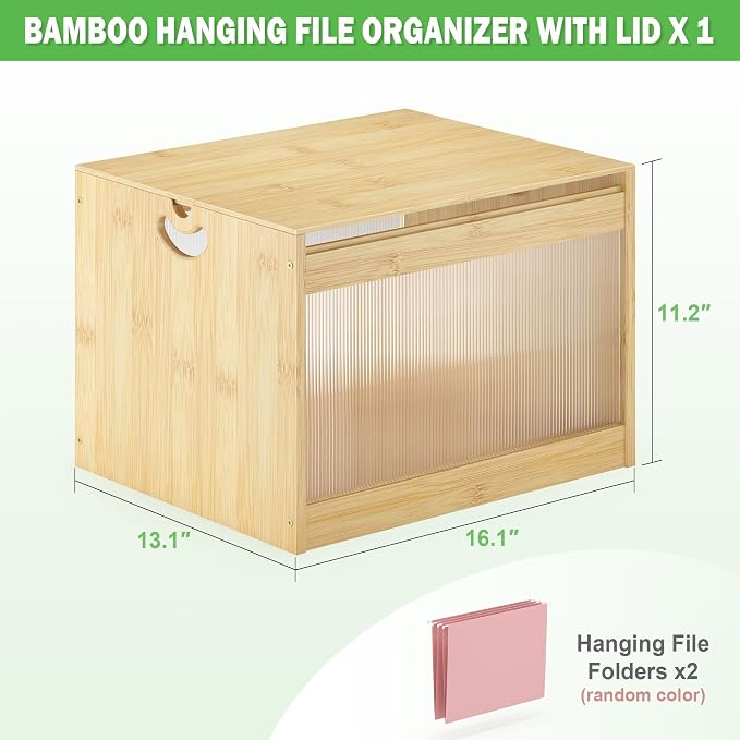 Bamboo Hanging File Box Organizer with Lid, File Folder, Nature, 1 Pack