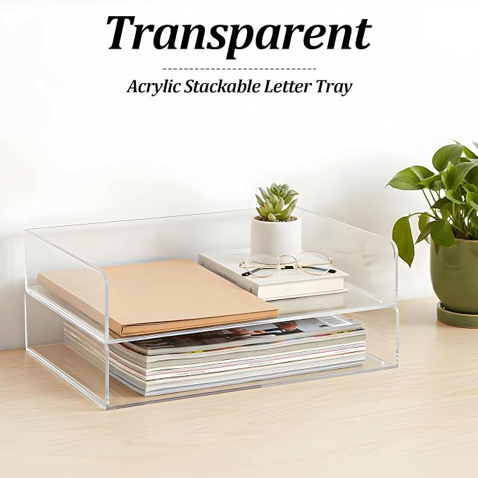 2 Pack Clear Acrylic Stackable Paper Letter Tray Organizer Desktop File Organizer for Office Workspace Document Storage, 12.4x8.7x2.75 Inch