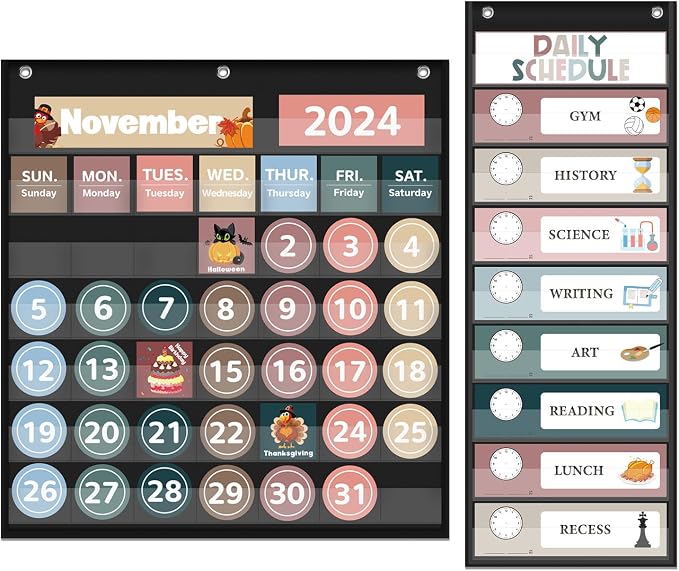 Monthly Calendar Pocket Chart for Classroom, Printed Days of The Week with Cards, Learning for Home or Kindergarten, Teacher Must Have Supplies That Fits Any School Décor (Black Calendar+Daily Schedule)