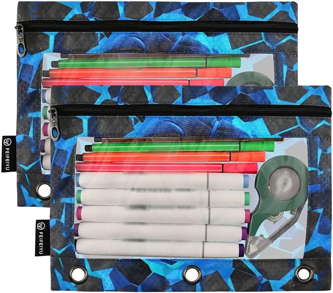 Blue Basketball Pencil Pouch for 3 Ring Binder, 2 Pack Waterproof Pencil Bags Clear Window Pencil Case Zipper School Office Supplies