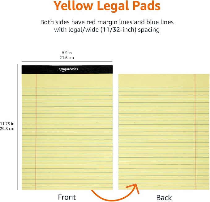 Amazon Basics Legal/Wide Ruled 8.5 x 11.75 inch Legal Pad, Canary, 72 Count (Pack of 12), 50 sheets per pad, 6 packs per carton