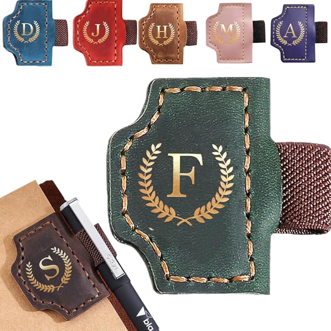 Personalized Bygone Mark Bookmark with Pen Holder, Leather Magnetic Bookmark 26 Letters,Gifts for Book Lovers, Readers, Leather Book Marks for Men Women (Green, F)