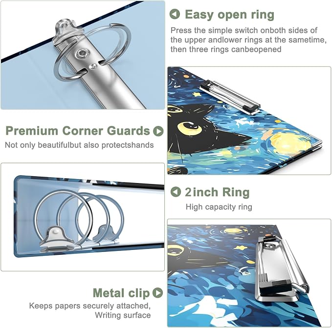 Rouidr 3 Ring Binder, 2 Inch Round Ring Binder Organizer with Clipboard, 5 Dividers Tabs, A4 8.5 x 11 Inch Paper & Clear Sleeves for School, Office Supplies