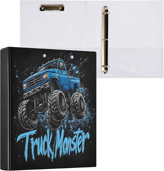 Monster Truck Round Ring Binders 1.5 Inch Race Car 3 Ring Clipboard Binder for Office School Work Supplies File Folder 200 Sheet Capacity Easy Open