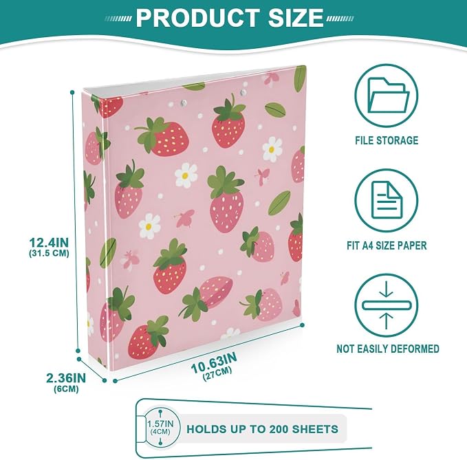 Daisy and Strawberry 3 Ring Binder 1.5 Inch Round Ring Binder Organizer with Clear View Pocket for Office Supplies-1Pack
