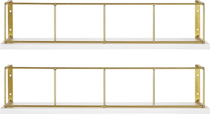 Kate and Laurel Benbrook 18-inch 2-Pack Wood and Metal Floating Wall Shelves, White and Gold