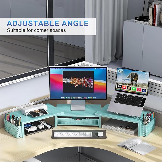 gianotter Dual Monitor Stand Riser With Drawer and 2 Pen Holders | Computer Monitor Stand Desk Organizer and Accessories Desk Shelf for Top of Desk (Blue)