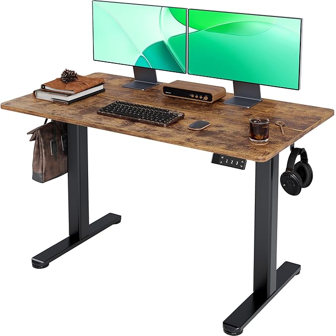 Claiks Electric Height Adjustable Standing Desk, 48x24 Inch, Rustic Brown | Smooth Height Adjustment, 3 Memory Presets, Cable Management Hub&Hook, Stable Steel Frame, 176lbs Capacity, Easy Assembly
