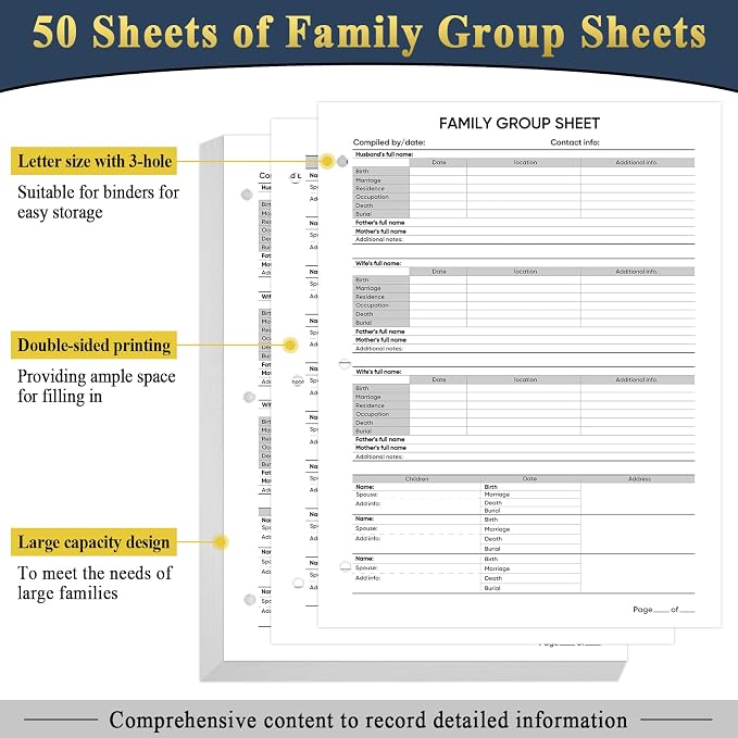 Family History Binder 3 Ring 50 Families Group Sheets 8th Generation Family Tree Chart 16 Genealogy Binder Dividers Navy Cover Genealogy Supplies with Pen Loop PVC Pocket for Families History
